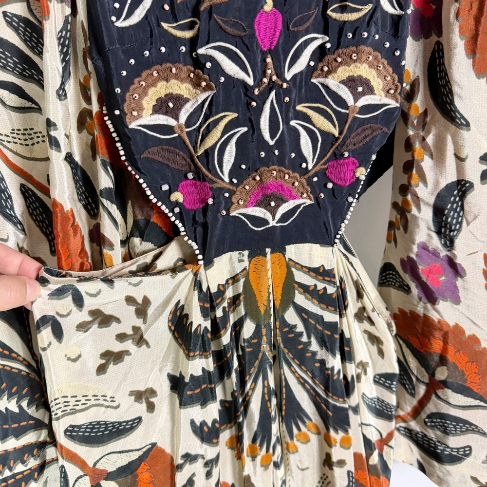 Farm Rio Cutout Embroidered Print Crepe Maxi Dress Black Cream Floral Beaded S - Picture 8 of 13